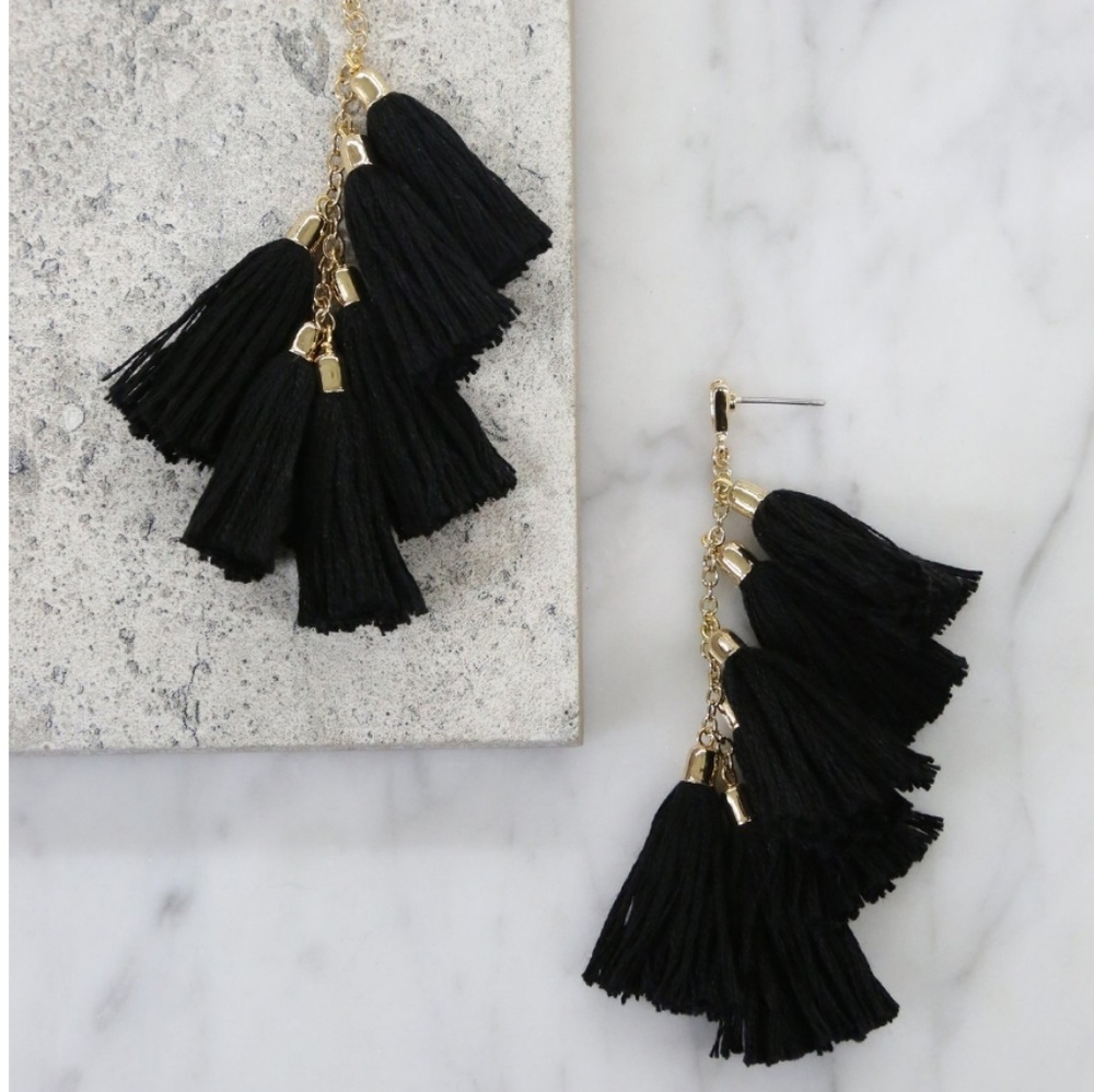 Ettika Black Tassel Fringe Earrings Gold Chain Statement NWT